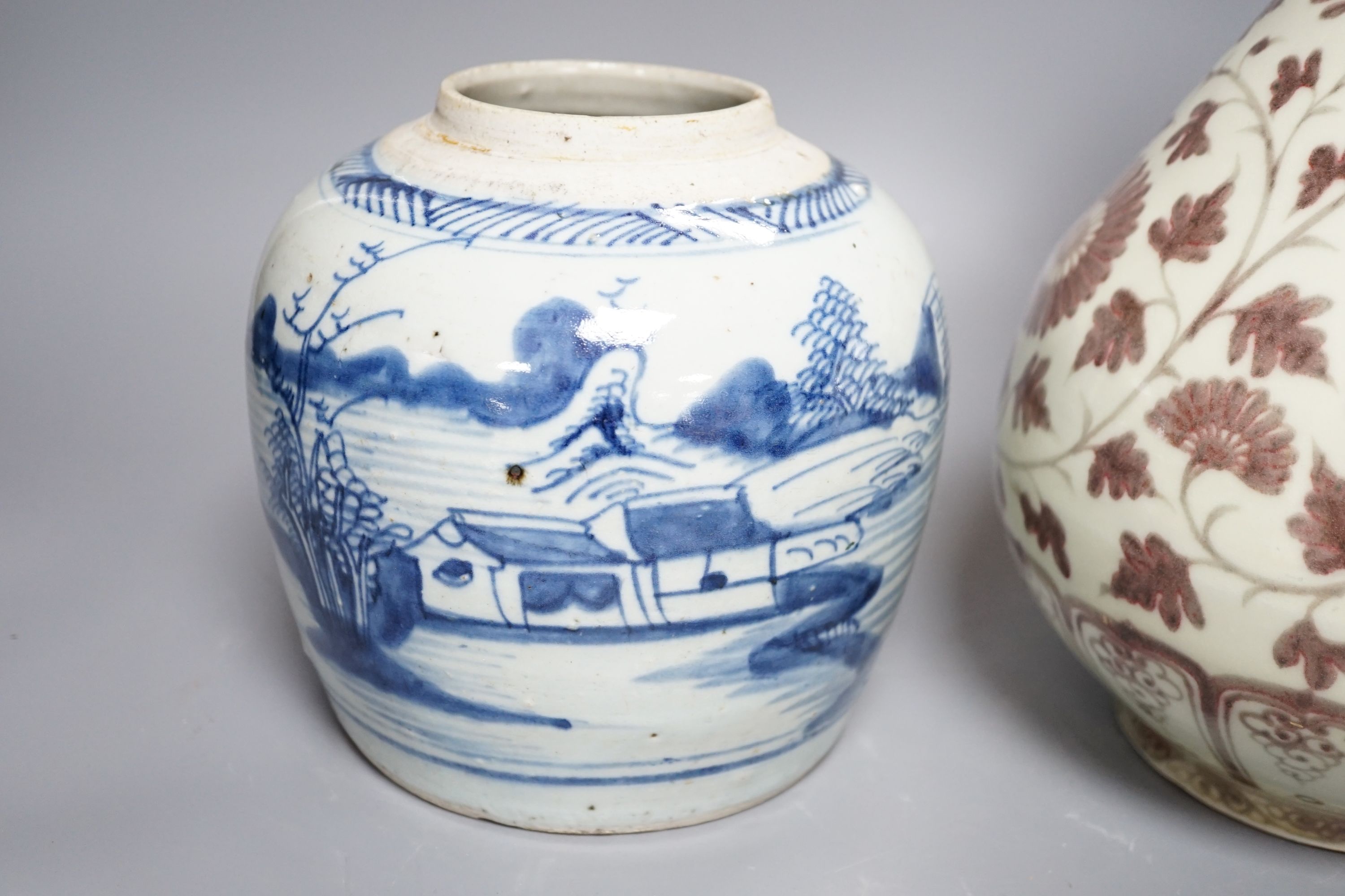A Chinese red underglaze baluster jar, 32cm, and a 19th century Chinese blue and white ginger jar